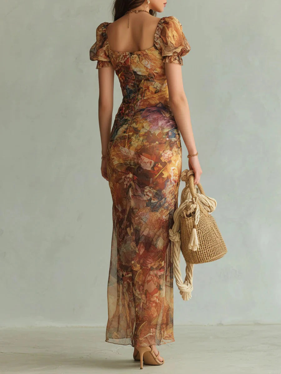 Clara – Vestido largo elegante naranja con estampado artístico bohemio