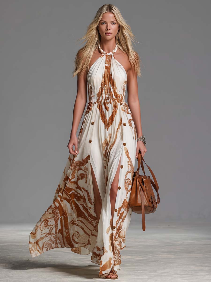Bea – Vestido largo bohemio elegante con escote halter y abertura