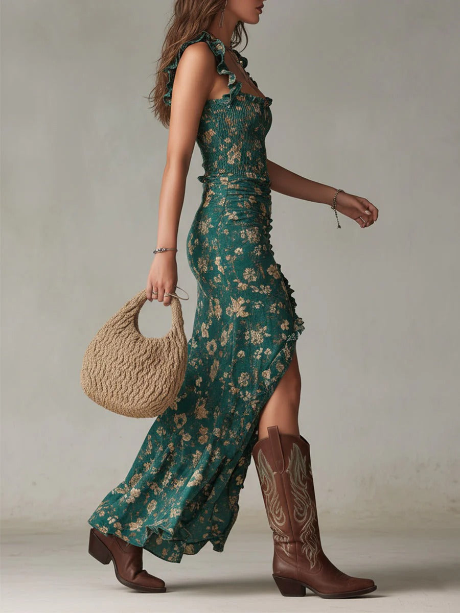 Clara – Vestido maxi boho retro con mangas fluidas y abertura lateral