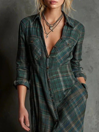 Paula – Vestido largo elegante con estampado de cuadros verdes