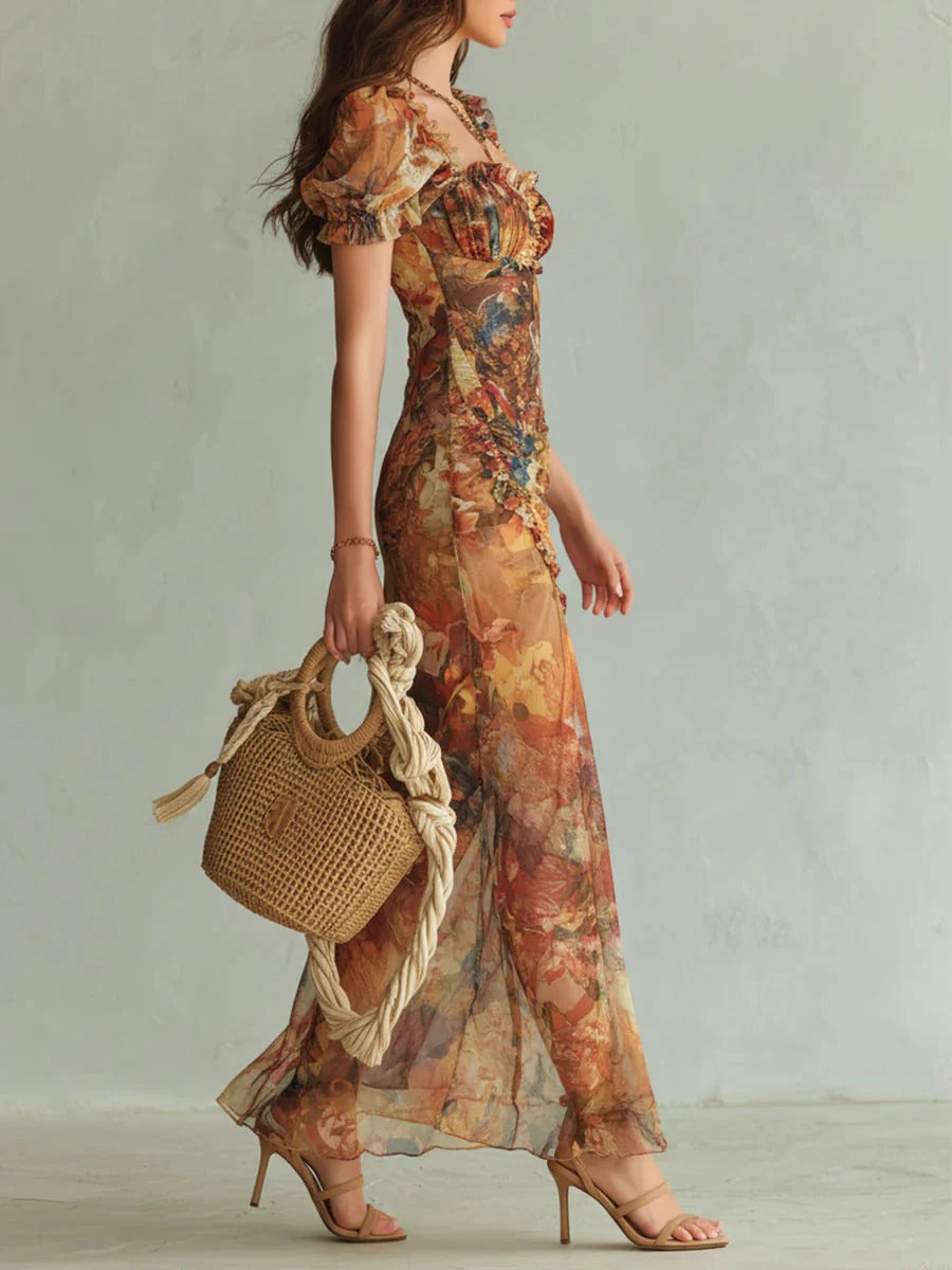 Clara – Vestido largo elegante naranja con estampado artístico bohemio