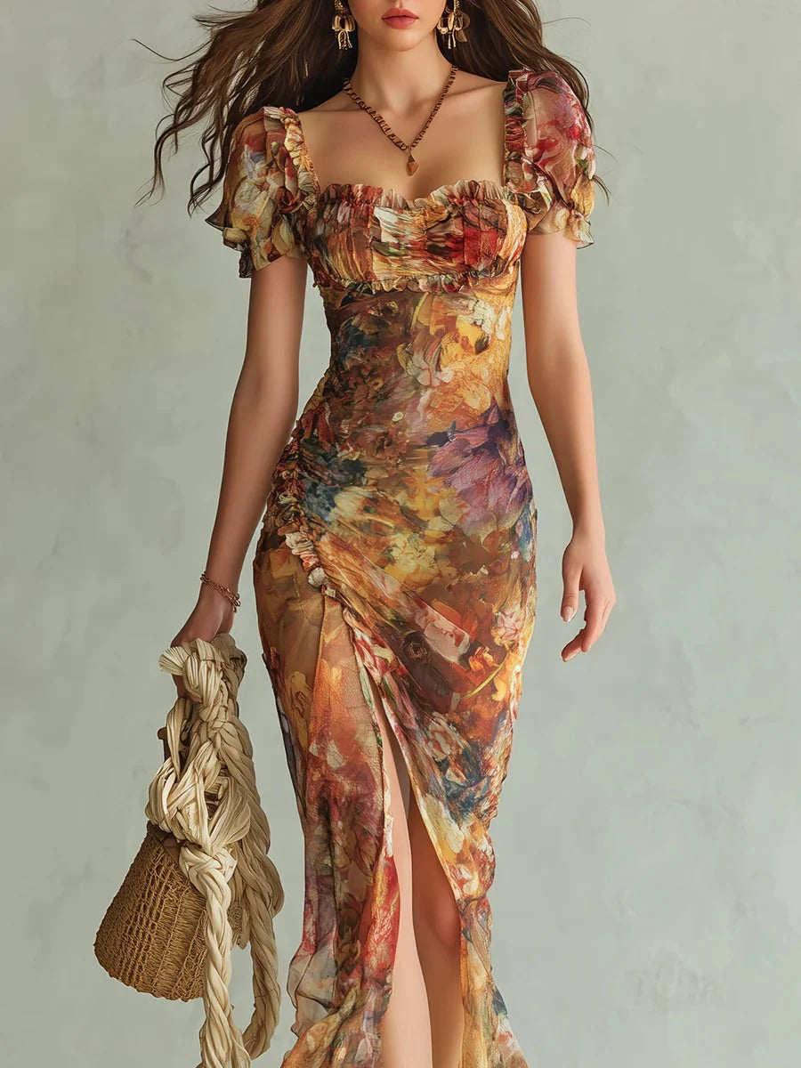 Clara – Vestido largo elegante naranja con estampado artístico bohemio