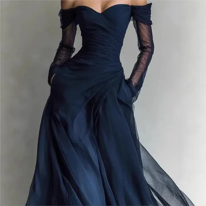 Teresa – Vestido largo con hombros descubiertos y detalles elegantes