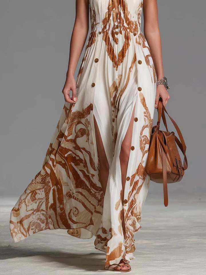Bea – Vestido largo bohemio elegante con escote halter y abertura