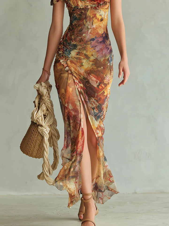 Clara – Vestido largo elegante naranja con estampado artístico bohemio