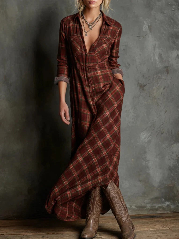 Paula – Vestido largo elegante con estampado de cuadros verdes