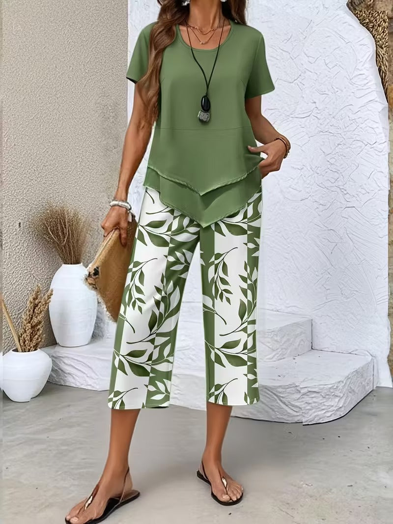 Elmyra | Conjunto de Dos Piezas Casual con Estampado de Hojas