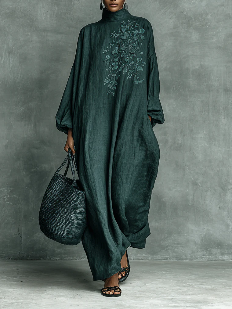 Leticia – Vestido maxi fluido elegante con mangas largas y cuello semi alto