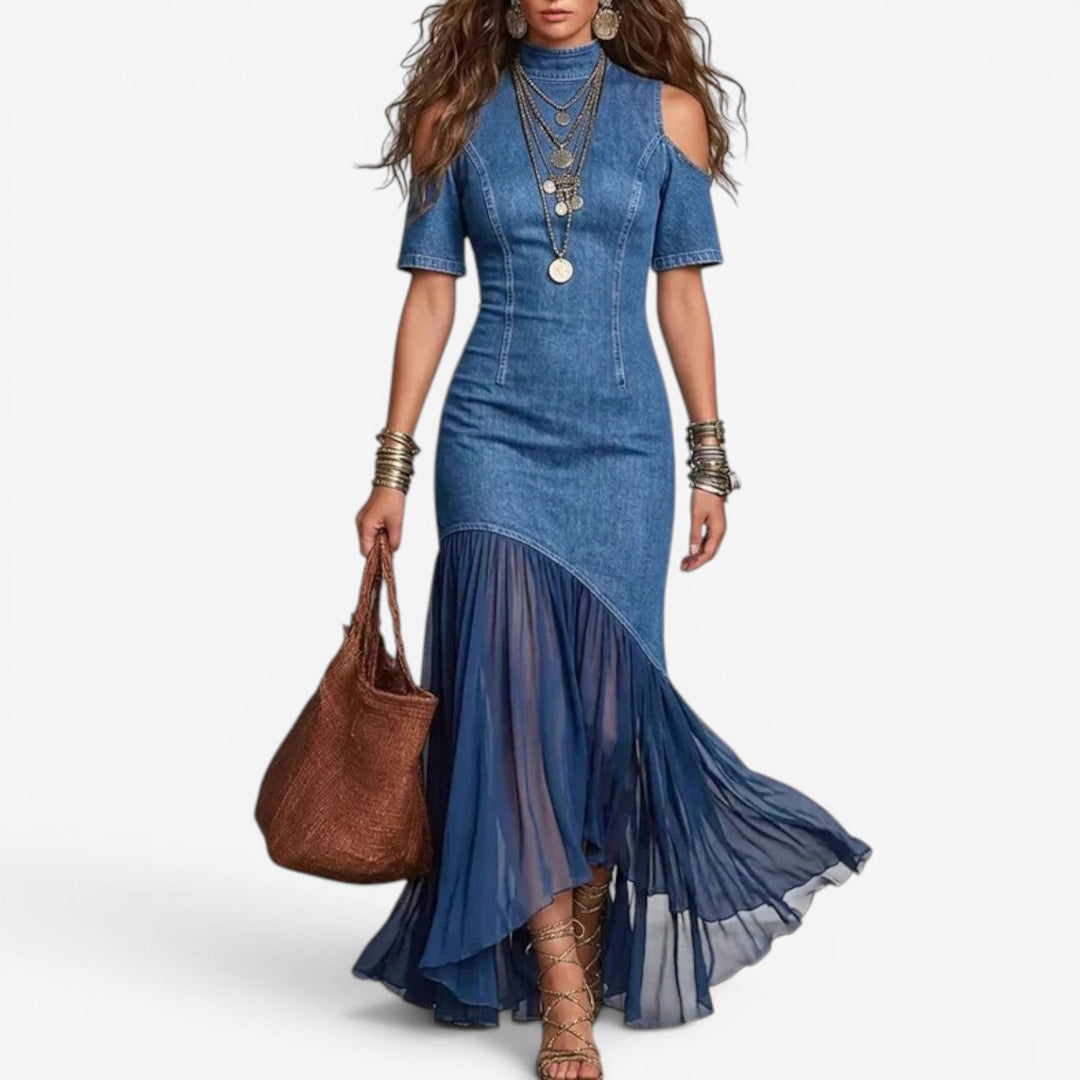 Kimberley – Vestido largo denim hombros descubiertos