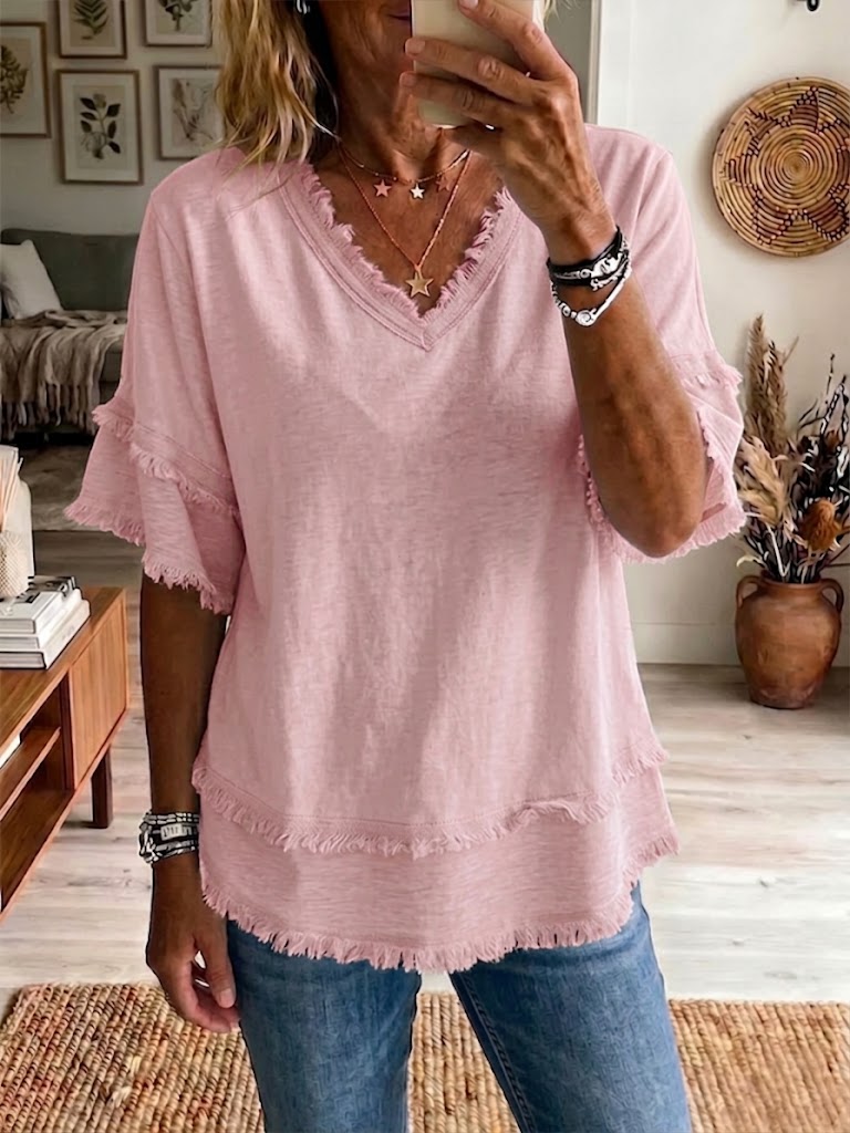 Isabella – Top elegante con mangas cortas y dobladillo sin acabado