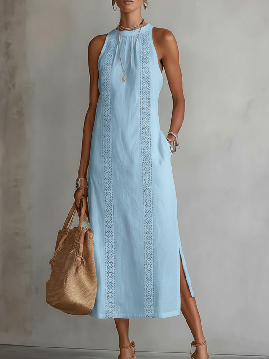 Jimena – Vestido midi azul elegante con cuello mao