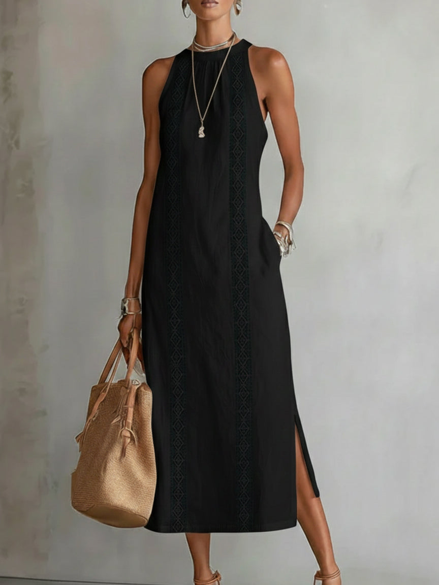 Jimena – Vestido midi negro cuello mao
