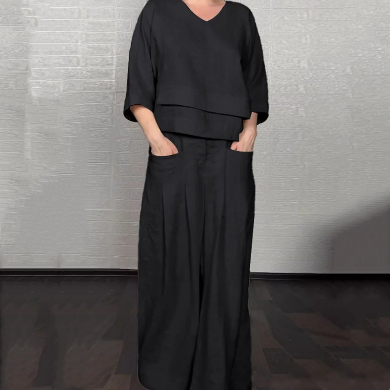 Isabella – Conjunto de dos piezas con bajo irregular, top con escote en V y pantalón de pierna ancha, elegante y con estilo sin esfuerzo