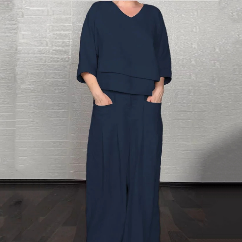 Isabella – Conjunto de dos piezas con bajo irregular, top con escote en V y pantalón de pierna ancha, elegante y con estilo sin esfuerzo