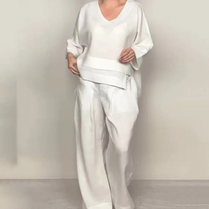 Isabella – Conjunto de dos piezas con bajo irregular, top con escote en V y pantalón de pierna ancha, elegante y con estilo sin esfuerzo