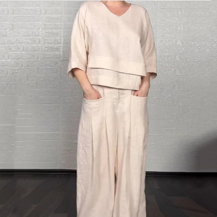 Isabella – Conjunto de dos piezas con bajo irregular, top con escote en V y pantalón de pierna ancha, elegante y con estilo sin esfuerzo