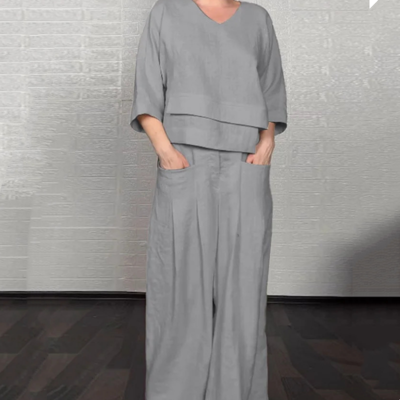 Isabella – Conjunto de dos piezas con bajo irregular, top con escote en V y pantalón de pierna ancha, elegante y con estilo sin esfuerzo