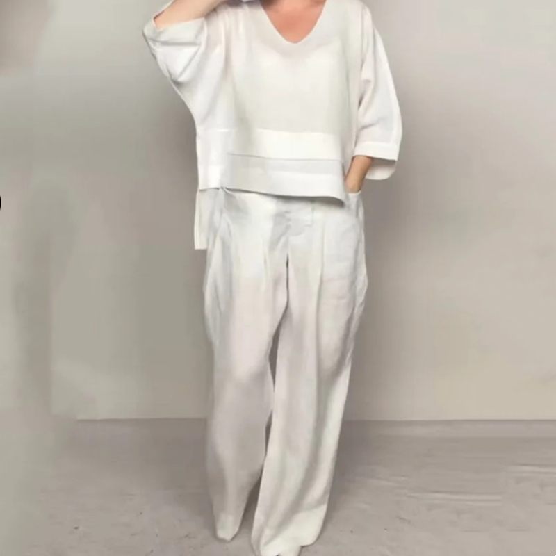 Isabella – Conjunto de dos piezas con bajo irregular, top con escote en V y pantalón de pierna ancha, elegante y con estilo sin esfuerzo