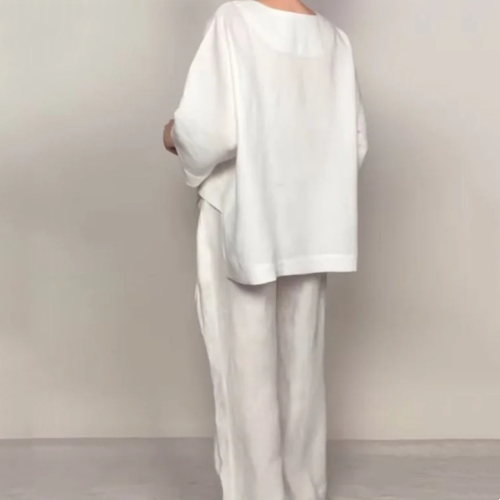 Isabella – Conjunto de dos piezas con bajo irregular, top con escote en V y pantalón de pierna ancha, elegante y con estilo sin esfuerzo