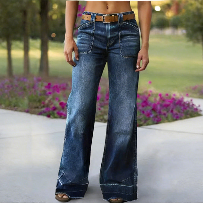 Isabella – Jeans acampanados retro para mujer, bolsillos funcionales y ajuste elegante de cintura alta