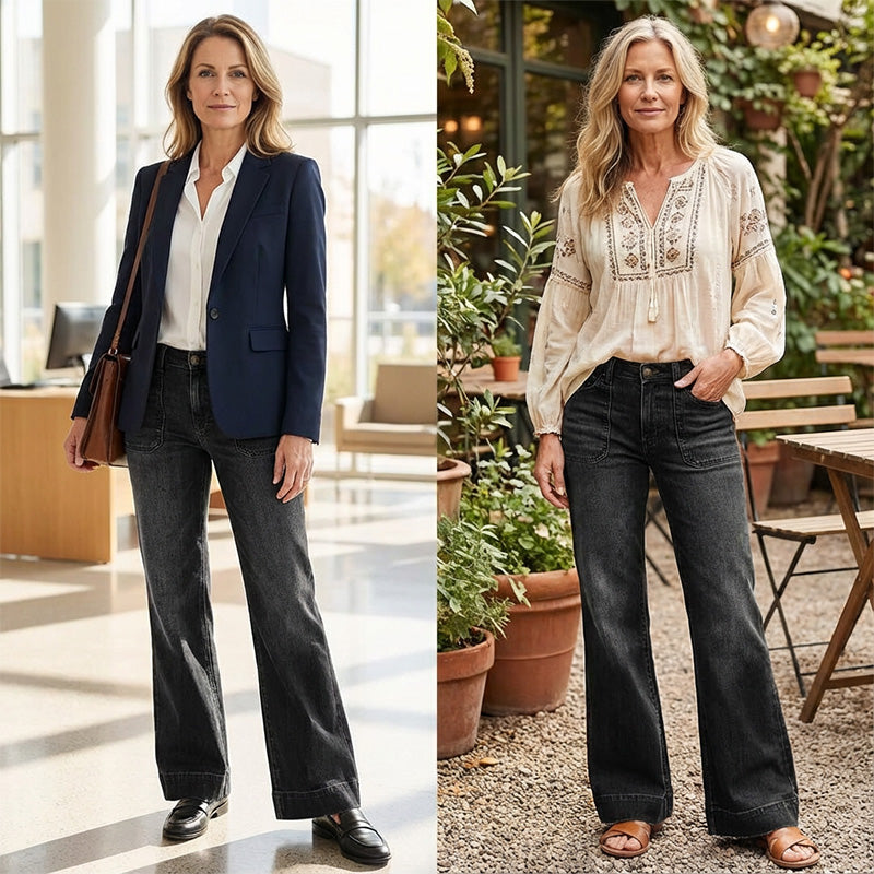 Isabella – Jeans acampanados retro para mujer, bolsillos funcionales y ajuste elegante de cintura alta