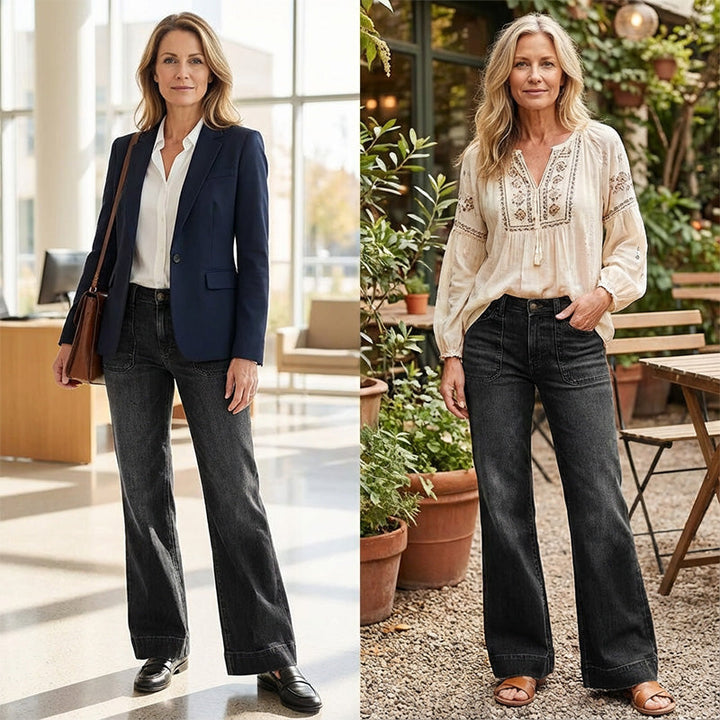 Isabella – Jeans acampanados retro para mujer, bolsillos funcionales y ajuste elegante de cintura alta