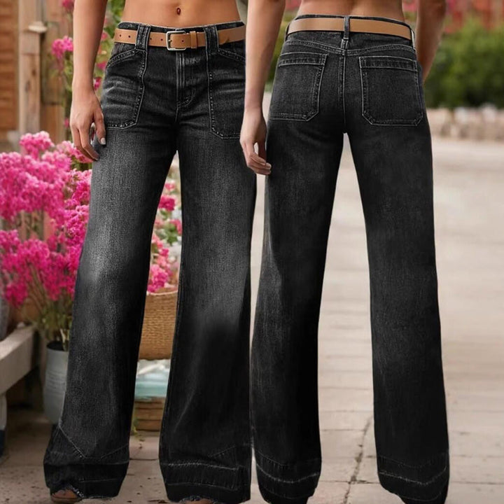 Isabella – Jeans acampanados retro para mujer, bolsillos funcionales y ajuste elegante de cintura alta