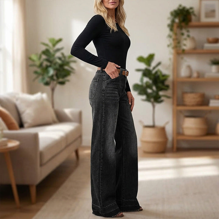 Isabella – Jeans acampanados retro para mujer, bolsillos funcionales y ajuste elegante de cintura alta