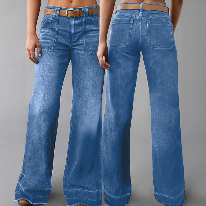Isabella – Jeans acampanados retro para mujer, bolsillos funcionales y ajuste elegante de cintura alta