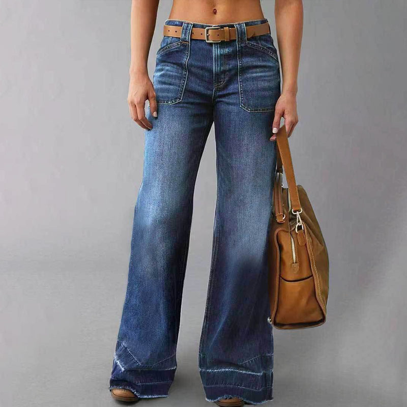 Isabella – Jeans acampanados retro para mujer, bolsillos funcionales y ajuste elegante de cintura alta
